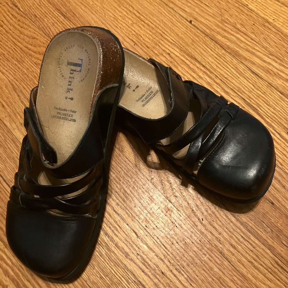 Think! Black Leather Mules